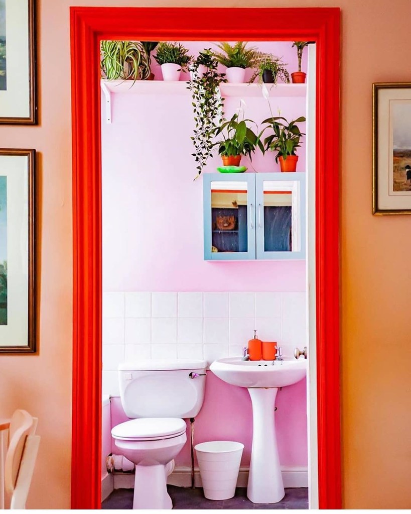 Banheiro com paredes rosas; meia parede com azulejos brancos e prateleiras com plantas