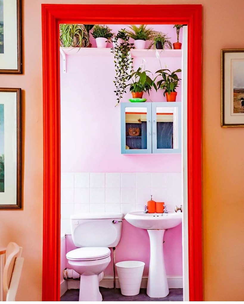 banheiros=coloridos-ideias1 Banheiro com paredes rosas; meia parede com azulejos brancos e prateleiras com plantas
