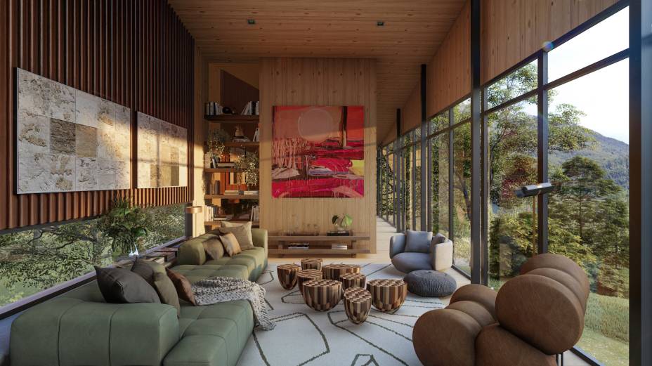 Sala de Estar, por Maurício Magarão | “Acreditamos que o elemento fogo, que é muito presente e valorizado em culturas andinas, deveria estar no coração do ambiente”, observa Mauricio. No mobiliário, há grandes nomes do design, como Ricardo Fasanello, Jader Almeida (Arquivo Contemporâneo) e Sergio J. Matos (Ovoo). O tapete com estampa do arquiteto mineiro Gustavo Penna é lançamento da El Espartano, e as luminárias são do Maneco Quinderé. Tela de Gabriela Machado.