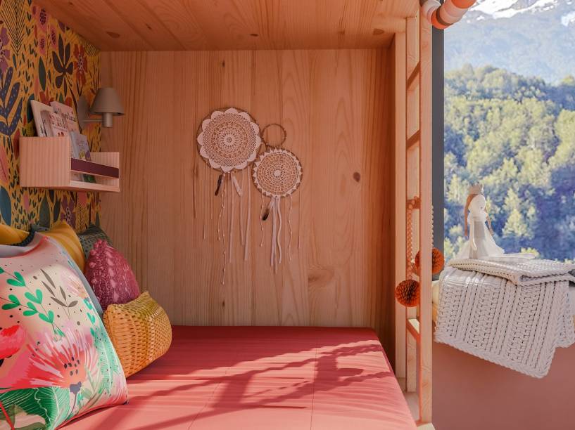 Quarto das Primas, por Muito Mais Arquitetura + Nina Moraes Design + Ateliê Baobá Pitucos | Ao fundo, o papel de parede de folhagens e flores foi desenvolvido pelo ateliê da Nina Moraes, que também montou o enxoval, criou imagens de colagens com fotos da família, devidamente emolduradas (lançamento da marca), e lançou um mapa imantado e com elementos interativos, colado ao lado do painel pegboard.
