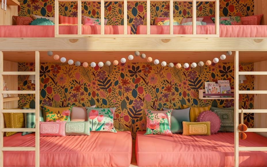 Quarto das Primas, por Muito Mais Arquitetura + Nina Moraes Design + Ateliê Baobá Pitucos | “Como a família gosta muito de viajar, o ateliê reproduziu nele as cidades por onde passaram em suas aventuras. Assim, as crianças vão poder compartilhar essas lembranças com os amigos”, explica Isabela.