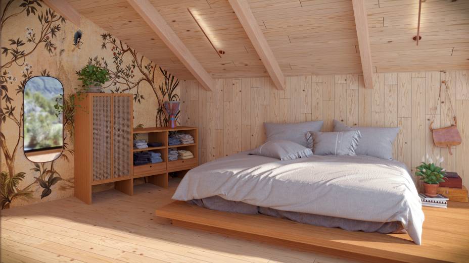 Loft Família, por Paula Neder e Coletivo PN+ (Carol Stratmann, Eduarda Wilhelm, Elise Penedo, Larissa Mogilewsky, Natasha Pinto, Paula Brunet e Stephanie Pita) | O quarto do casal tem o cantinho do pequeno Heitor, separado por uma cortina de linho (Trama casa), com berço e cômoda. Já o mundinho particular da adolescente é acessado por uma escada móvel, que leva ao mezanino, com direito a varandinha.