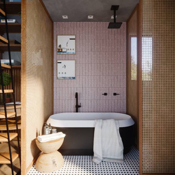 Loft Casal com Filha, por Carmen Zaccaro Arquitetura | <span>Tudo integrado e desenho de Carmen, expert em marcenaria. Uma escada tipo “casinha na árvore” dá acesso ao mezanino, onde estão os quartos, com a cama baixa, tipo tatame, de casal, posicionada estrategicamente ao lado da janela. Para não interferir no visual, as cortinas são de gaze de linho (Lutèce), fluidas, trazendo um clima aconchegante.</span>
