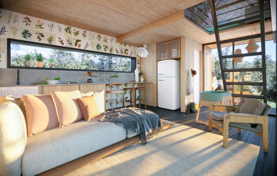 Loft Casal e Dois Irmão, por Forma\011 + Miúda Mobília + Sheepy | A cabana de 45 <span>m²</span>, pensada para abrigar um casal com um filho de 4 anos e uma bebê de 6 meses, é um ambiente verde, com pegada botânica, no tom e clima da Patagonia.