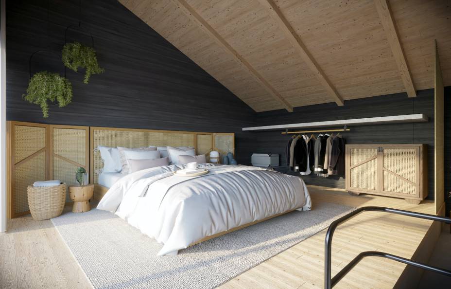 Loft Casal e Dois Irmão, por Forma\011 + Miúda Mobília + Sheepy | A sala reúne lareira suspensa, sofá sobre tatame baixinho e um charmoso papel de parede com colagens de estampa botânica, demarcando a área da cozinha integrada - com direito a um painel de vidro acima da bancada de dekton, recortando a paisagem em uma vista panorâmica.