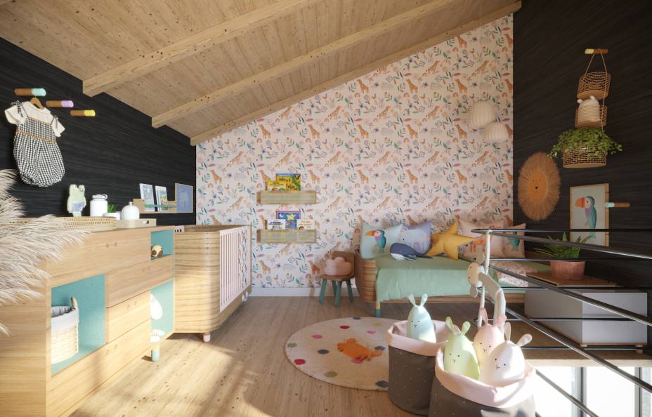 Loft Casal e Dois Irmão, por Forma\011 + Miúda Mobília + Sheepy | No banheiro, a presença da cor fica mais evidente, com um forro de lambri tingido de verde “seco”, se destacando com cabideiros e um suporte para pequenos objetos. Subindo a escada (a cabana tem um pé direito de cerca de 5m), o quarto da família foi desenhado no melhor estilo “tudo junto e misturado”, para pais e filhos conviverem com conforto.