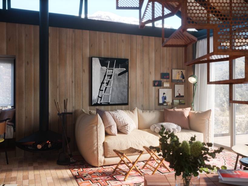 Loft dos Gêmeos, por Grão Arquitetura | A cama do casal e o sofá (ambos da Trama Casa, com o lançamento da cabeceira xadrez) foram posicionados estrategicamente de frente para janelões que emolduram a paisagem selvagem da Patagonia.