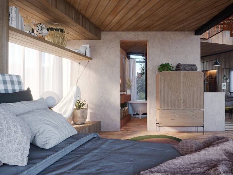 Loft dos Gêmeos, por Grão Arquitetura | Os gêmeos ocupam o mezanino, com duas camas “cabaninhas” estilo casinhas na árvore, encaixadas na marcenaria, e forradas com as estampas dos papéis de parede da Enamoradas del Muro.