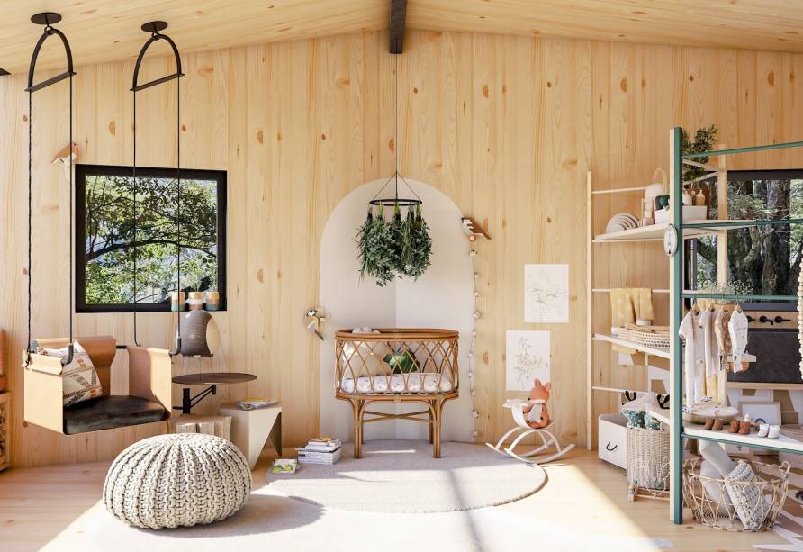 Loft Casal com Bebê, por Nina Zamith | Toda integrada, a cabana ganhou tons suaves, que pontuam e delimitam cada ambiente.
