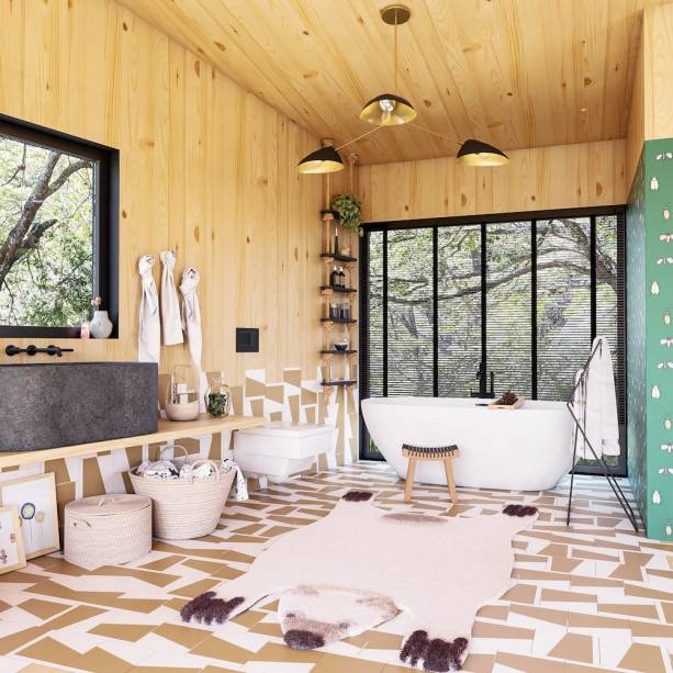 Loft Casal com Bebê, por Nina Zamith | Tem papel de parede estampado de insetos (Mama loves you), móbile de folhas, pedras empilhadas, moisés em junco (Mundo Bio).