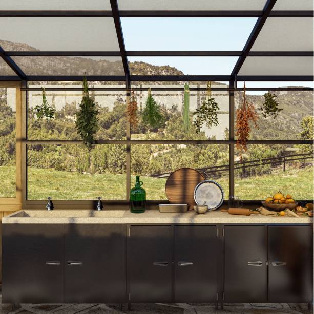 Bistrô na Estufa, por Linha + Idipi + Aia | Os materiais e texturas que desenham móveis dialogam com a natureza local, e privilegiam a madeira rústica e bruta, o ferro, os tons terrosos, presentes na natureza.
