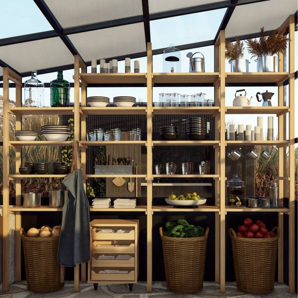 Bistrô na Estufa, por Linha + Idipi + Aia | Uma grande bancada foi desenhada para o fogão, incluindo 8 lugares para sentar, além de armários (ARM marcenaria) que organizam utensílios, louças e objetos (Lá em casa).