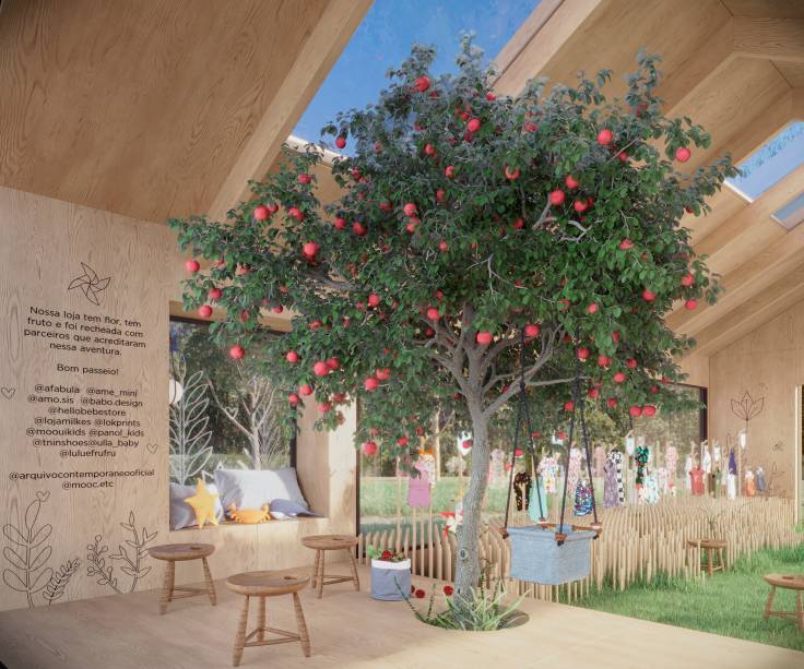 Lojinha na Garagem, por Bel Lobo + Mari Travassos = m.o.o.c. | Os 60 <span>m</span><sup>2</sup> têm piso de grama - a mesma vegetação externa que avança para dentro do espaço - e a forma de expor é completamente inovadora: Mari e Bel desenharam pinos de madeira que “nascem” do piso, formando uma espécie de jardim onde se encaixam, em diferentes alturas, as peças de vestuário de 11 marcas, selecionadas pela curadoria do evento.