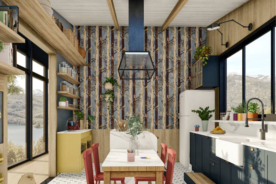 Cozinha, por Rodrigo Ferreira Arquitetura |Na parede, o tecido emborrachado e impermeável foi desenvolvido especialmente pela designer Juliana Pelegrinello, que pesquisou a fauna e a flora da Patagonia para desenvolver a estampa. Repare na cadeirinha infantil de alimentação: parece um balanço, mas é fixada no teto com cabo de de aço. Pra decorar, muitas prateleiras para colocar as plantinhas (vasos da Selvvva), livros e potes para organizar os grãos.