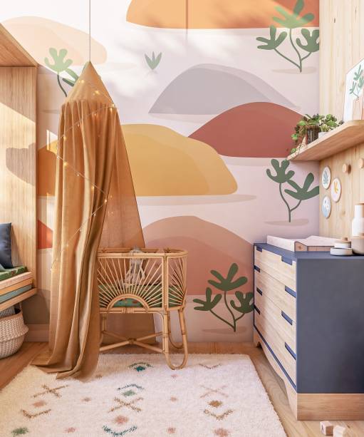 Quarto da Cora, por Elefante Design + Uáuá | Na vida real, Cora acaba de nascer para completar a família de Gustavo, Pati e Ben. No mundo virtual, ela ganhou um quarto de 12m2 dos mais acolhedores, recheado de madeira, algodão, linho, palha, rattan e muito verde. A marcenaria, com um design leve, quase invisível, foi criada pela arquiteta Tatiana Machado (à frente da Elefante Design), com um cantinho de descanso, leitura, amamentação e contemplação, tudo isso com direito à bela paisagem emoldurada em grande estilo.