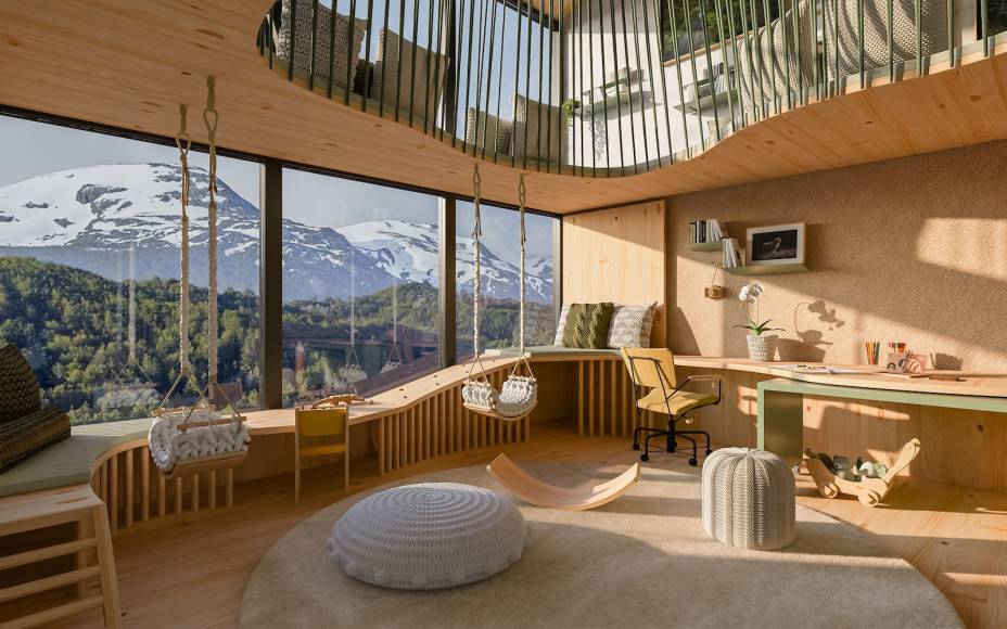 Sala de Convívio, por MRC Arq. Design | Para unir o conforto e as necessidades da rotina da família Beck-Zylbersztajn, a arquiteta Maria Rita Cappellano apostou num ambiente versátil, com uma bancada de trabalho orgânica, com alturas diferentes para incluir os pequenos - assim, enquanto os pais trabalham, os filhos podem fazer pesquisa, desenhar, tudo ali do lado. A partir dessa marcenaria, toda moldada em pínus, surge o desenho de um banco de leitura, colado ao vidro, com a incrível vista da natureza.