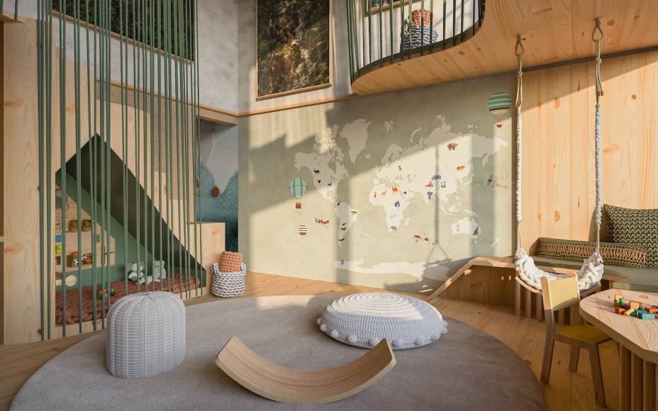 Sala de Convívio, por MRC Arq. Design | Na parede ao lado, papel com imagem de mapa da marca argentina Enamoradas del Muro. Conceitos da educação montessoriana e pikler inspiraram o ambiente, que traz elementos para incentivar atividades motoras e a autonomia das crianças. Por isso, Maria Rita apostou em uma copinha de apoio, perfeita para instigar a família a preparar um lanche juntos.