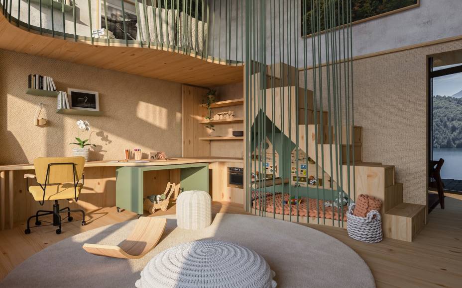 Sala de Convívio, por MRC Arq. Design | Há ainda um canto com ares de ateliê, sob medida para colocar a mão na massa, com tintas, recortes de colagens, e a prancha de equilíbrio de madeira (Olly). Uma toca formada embaixo da escada e camuflada pelas cordas, junto com um túnel, um painel sensorial nas paredes e espelho compõem esse ambiente lúdico.