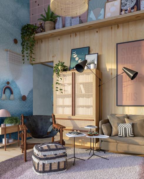 Sala de Leitura, por Marcella Reynol Arquitetura | O verde e rosa, combinação em alta na decoração, aparece aqui em harmonia com a madeira clara. A arquiteta Marcella Reynol brincou não apenas com as cores e estampas étnicas, mas também com o mix de materiais e criou, como contraponto, um mezanino de estrutura metálica.