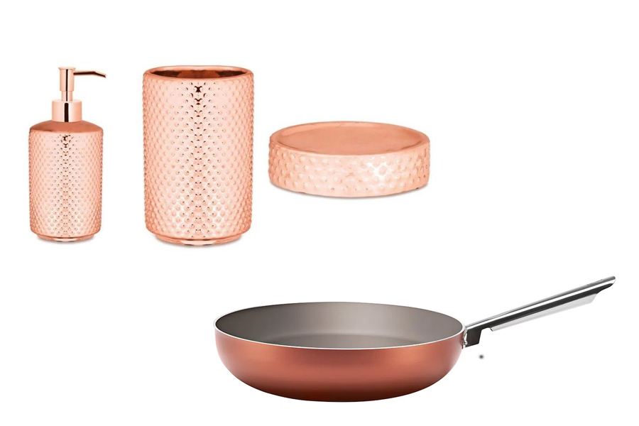 <span style="font-weight: 400">Kit para banheiro de cerâmica rose gold (</span><a href="https://www.awin1.com/cread.php?awinmid=17790&awinaffid=726913&clickref=Casa.com&platform=dl&ued=https%3A%2F%2Fwww.camicado.com.br%2Fp%2Fkit-para-banheiro-rose-gold-de-ceramica-3-pecas-mart%2F-%2FA-mkt95008689-br.lc" target="_blank" rel="noopener"><span style="font-weight: 400">R$ 180,99</span></a><span style="font-weight: 400">) e wok 3,55 litros na cor cobre (</span><a href="https://www.awin1.com/cread.php?awinmid=17790&awinaffid=726913&clickref=Casa.com&platform=dl&ued=https%3A%2F%2Fwww.camicado.com.br%2Fp%2Fwok-28cm355l-curry-cobre-brinox%2F-%2FA-700036455-br.lc" target="_blank" rel="noopener"><span style="font-weight: 400">R$ 136,90</span></a><span style="font-weight: 400">), ambos na Camicado.</span>