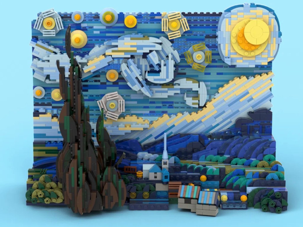 Obra de lego recriando o quadro Noite Estrelada, de Van Gogh