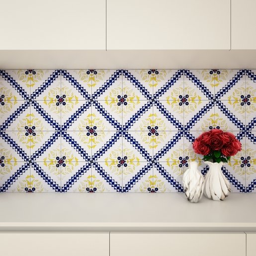 Bancada branca. Parede de azulejos com padrão de linhas azuis e flores amarelas
