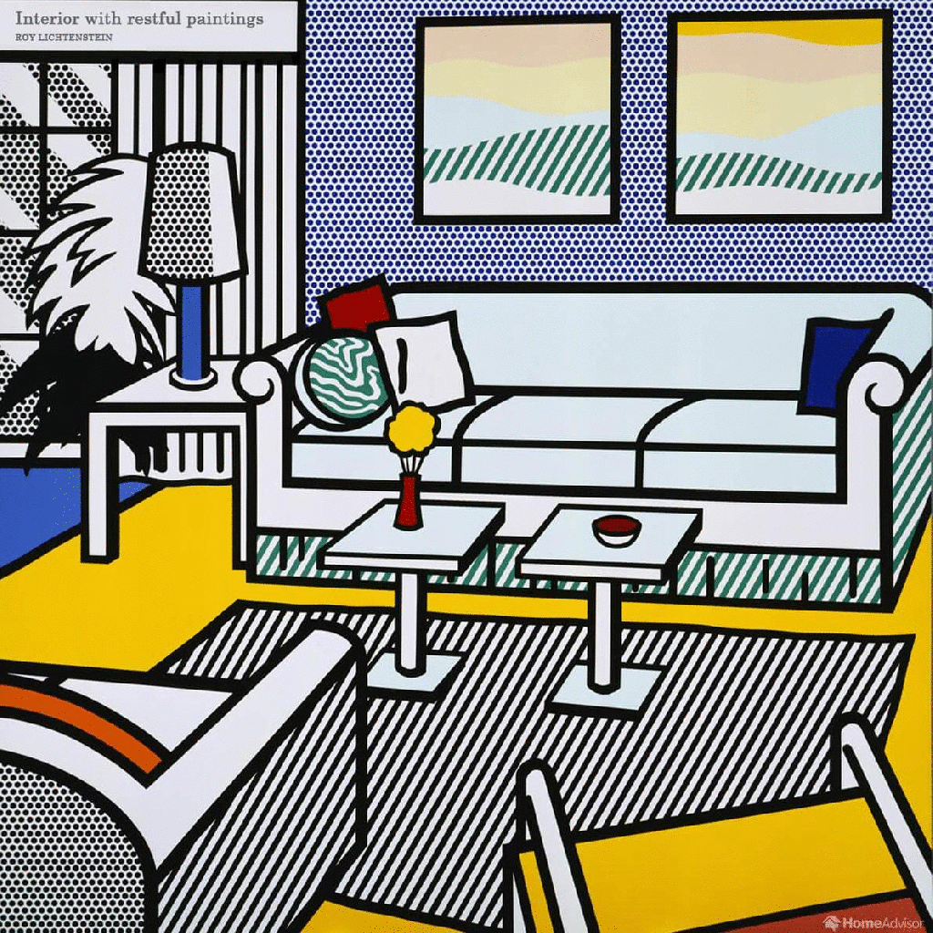 Um sofá branco com almofadas coloridas, dus mesinhas de centro com uma peça decorativa vermelha em cada uma. o Lado, uma mesinha com abajur azul. Na parede, dois quadros. A imagem alterna entre a pintura de Roy Lichtenstein e um render realístico da obra do artista