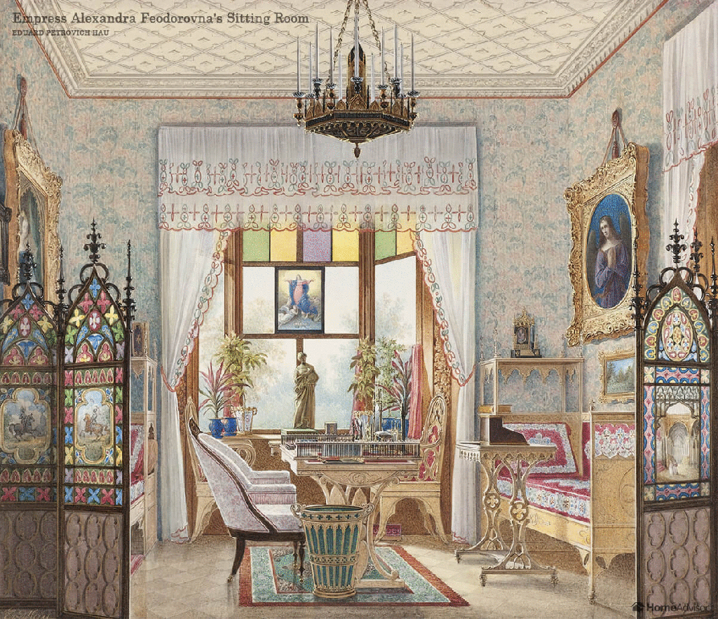 como-seriam-6-comodos-de-pinturas-famosas-na-vida-real-casa.com-6-eduard-petrovich-hau Sala com uma grande janelas com as cortinas aberta, moveis de madeira, com detalhes em tecidos vermelhos. A imagem alterna entre a obra de Eduard Petrovich Hau e render realístico baseado na obra do artista