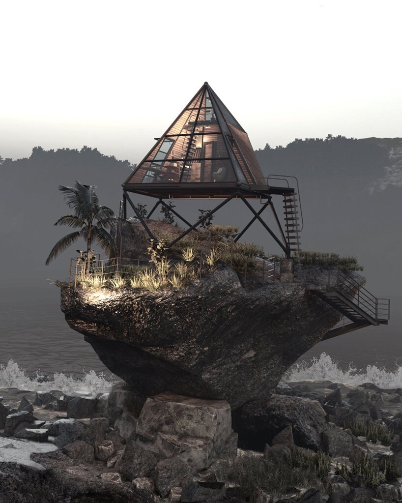 cuidado-para-nao-cair-cabana-fica-equilibrada-em-rocha-casa.com-3 Casa em formato triangular, contruída sobre uma rocha de frente para o mar, elevada com acesso por escadas de metal