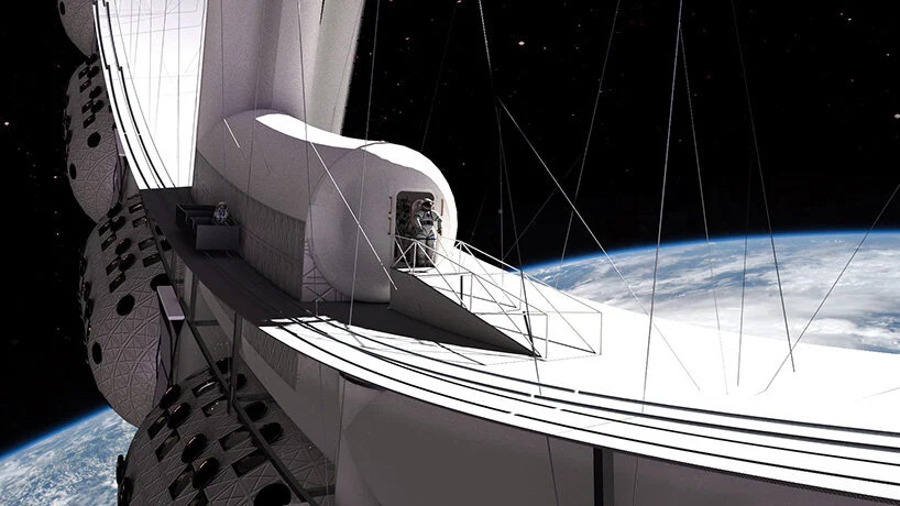 em-2027-teremos-um-hotel-no-espaco-casa.com-5 Zoom da estação espacial em órbita, com um astronauta saindo por uma das portas.