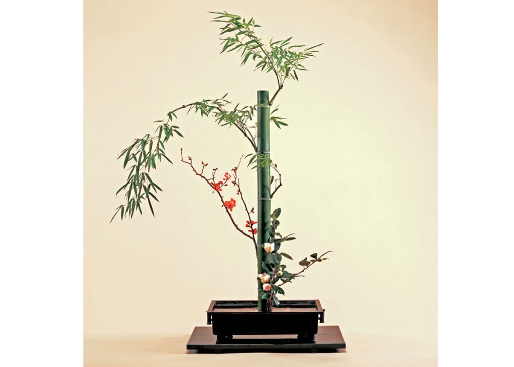 Ikebana com bambu. Galho com pequenas flores vermelhas. Folhas de bambu acima