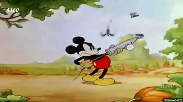 Gif mostrando Mickey borrifando inseticida em insetos