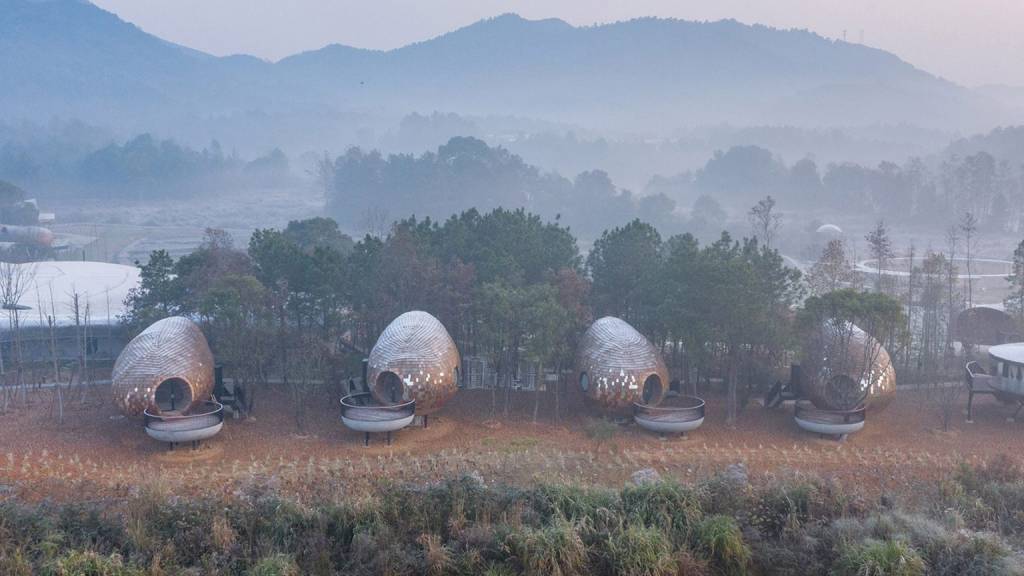 Floresta na China é repleta de cabanas em forma de semente