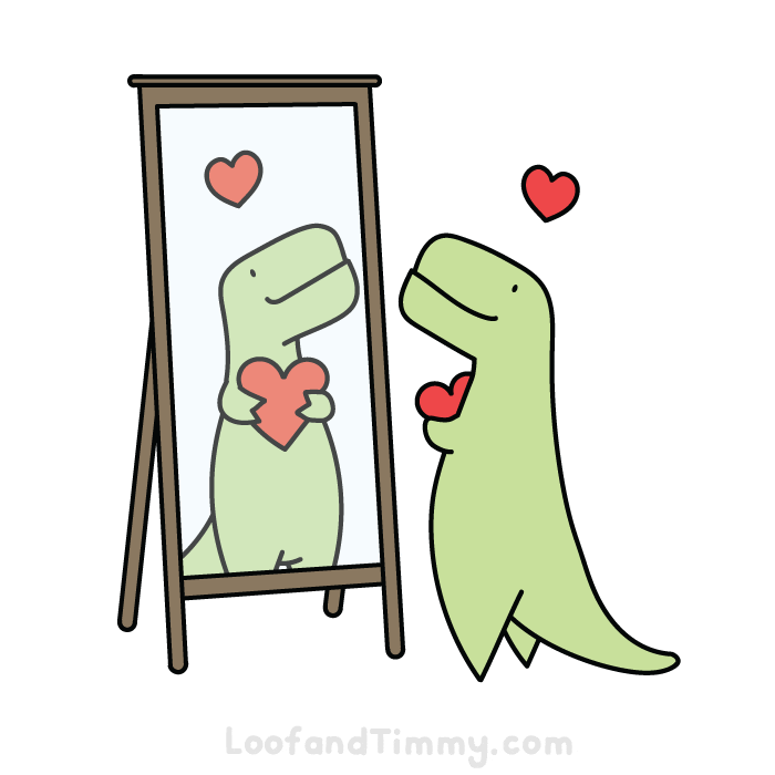 Gif dinossauro olhando no espelho segurando um coração