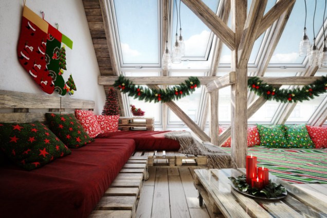 Digitally generated Christmas decorated Scandinavian attic interior scene with high quality euro pallet furniture.The scene was rendered with photorealistic shaders and lighting in Autodesk® 3ds Max 2016 with V-Ray 3.6 with some post-production added.