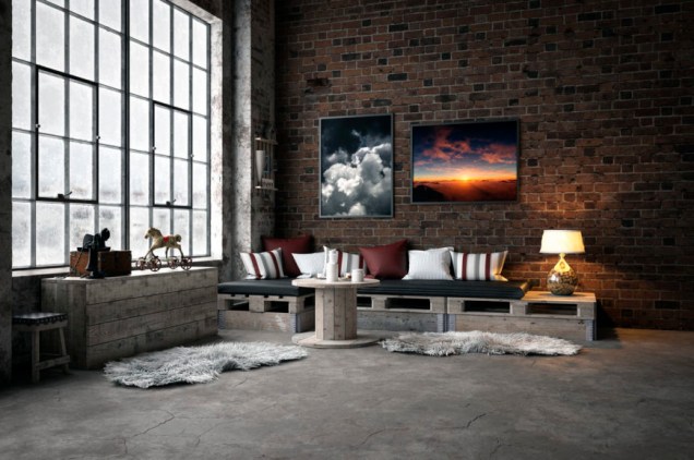 Digitally generated cozy industrial-style domestic room