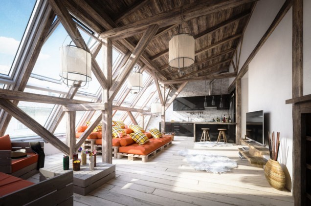 Digitally generated cozy Scandinavian attic interior scene with high quality euro pallet furniture.