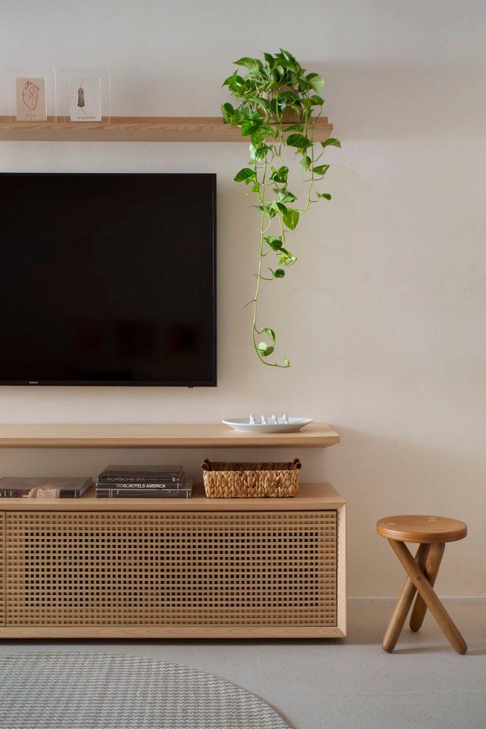 Apartamento de 40m2 em Copacabana assinado pelo arquiteto GUSTAVO PASSALINI _ foto 9 Hack em madeira com tv. Prateleira acima da tv com vaso de jiboia.