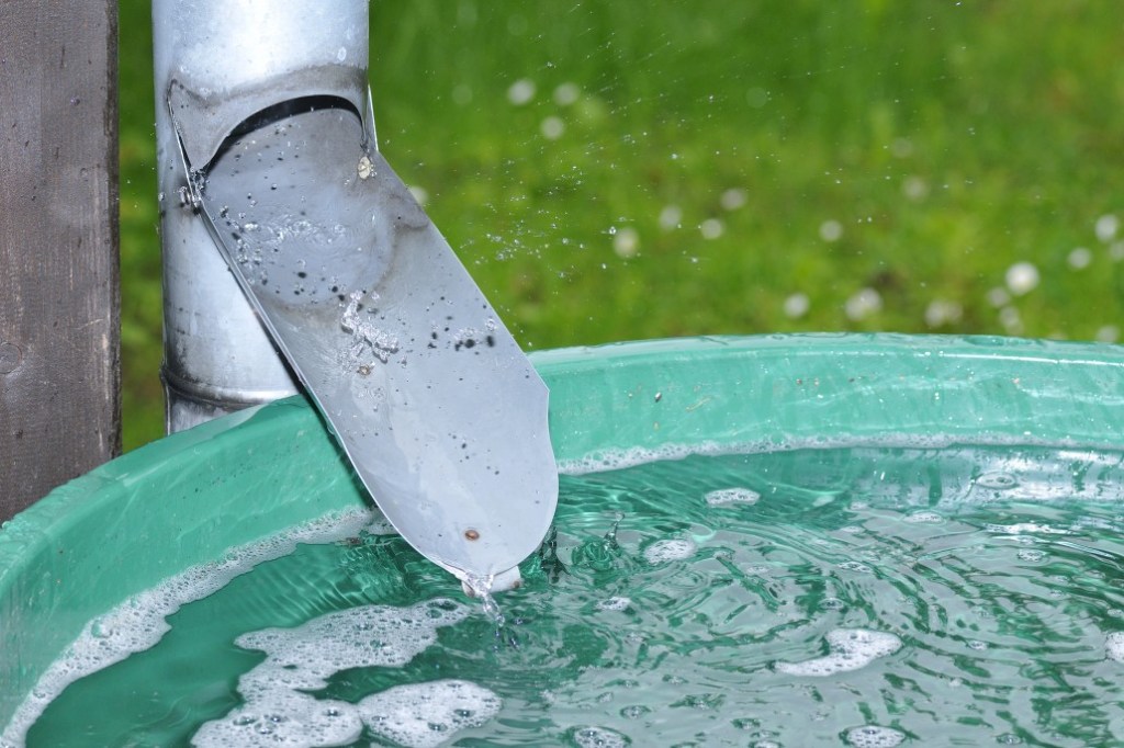 Recipiente verde sendo abastecido com por água da chuva caindo por um cano