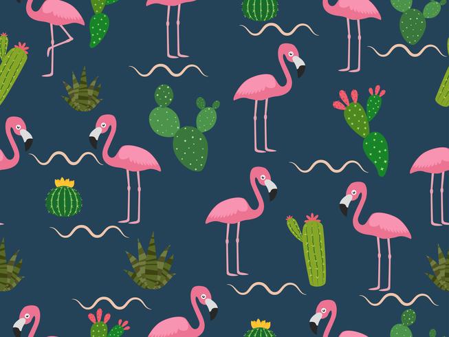 Estampa de flamingos desenhados e cactus