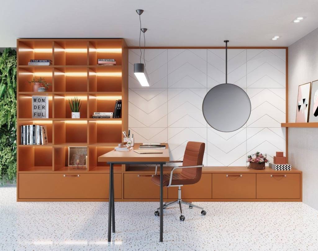 design-biofilico-casa.com-criare-3 Escritório com porcelanato branco, com móveis de madeira alaranjada