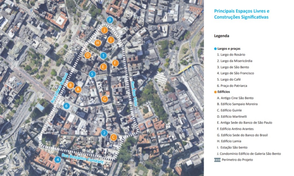Mapa com imagem de satélite do centro histórico de São Paulo com os pontos principais apontados em azul e laranja