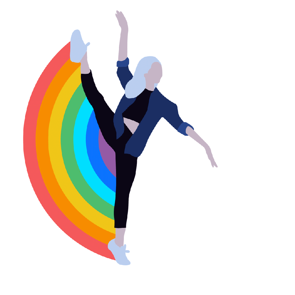 Gif de menina dançando e conforme seus movimentos surge o arco-íris