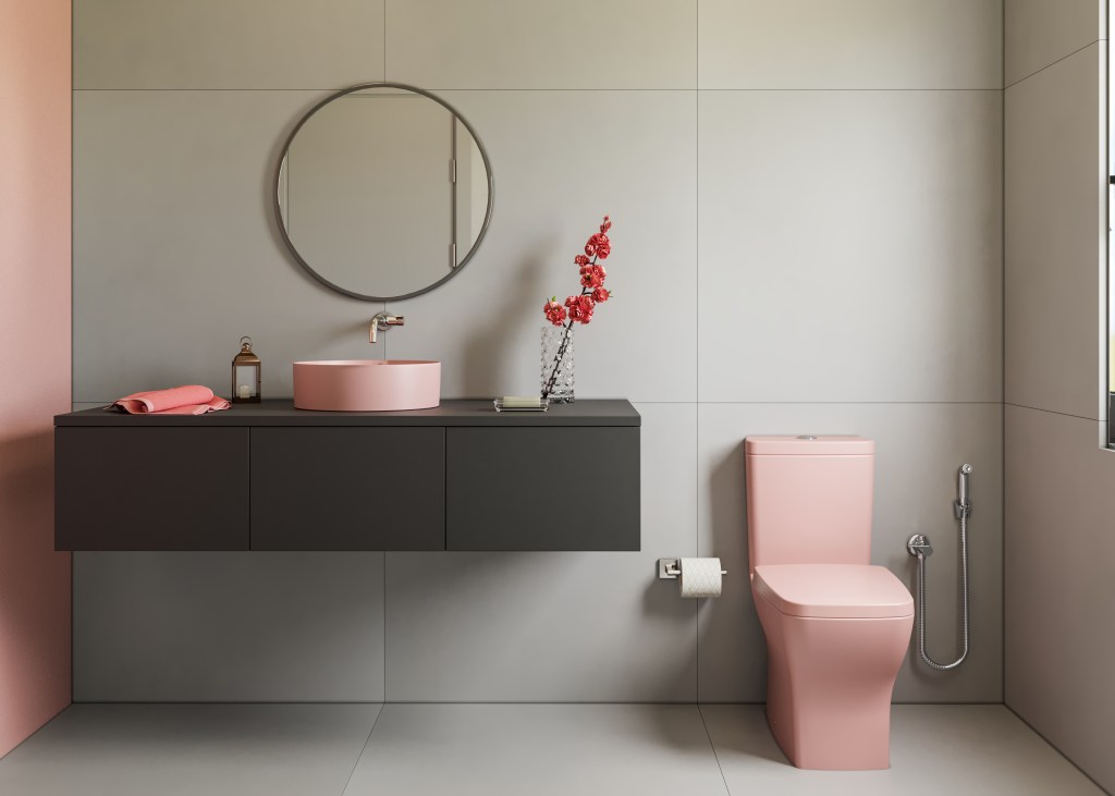 Banheiro com cuba e bacia rose da Incepa