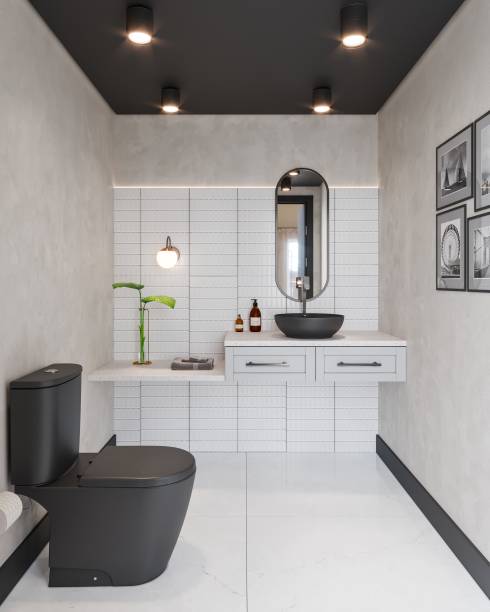 Neste lavabo, foi usada a bacia com caixa acoplada da linha Neo e cuba de apoio P3 redonda da linha Platinum, ambas na cor preta e acabamento matte (Noir)