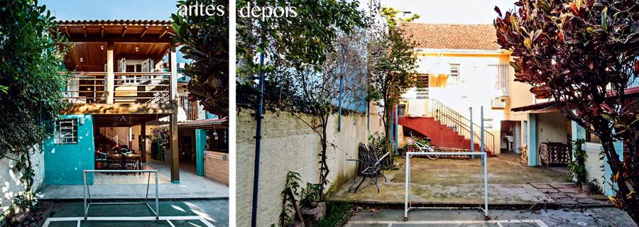 Note que a casa acabava na escada vermelha, elo com o p&aacute;tio, mais abaixo. Para aumentar a moradia, o casal precisou unir estrutura leve e alicerces pouco profundos, que preservassem a rede p&uacute;blica pluvial subterr&acirc;nea existente. Da&iacute; a madeira.