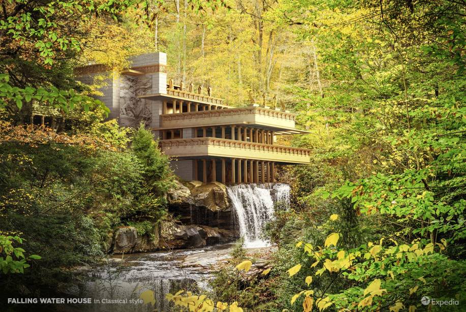 Casa da Cascata, na Pensilvânia, EUA, em estilo clássico. Casa da Cascata, na Pensilvânia, EUA, em estilo clássico.