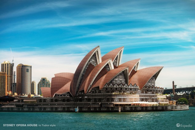 Casa de Ópera de Sydney (Sydney Opera Hosue), Austrália, imaginada em estilo Tudor.