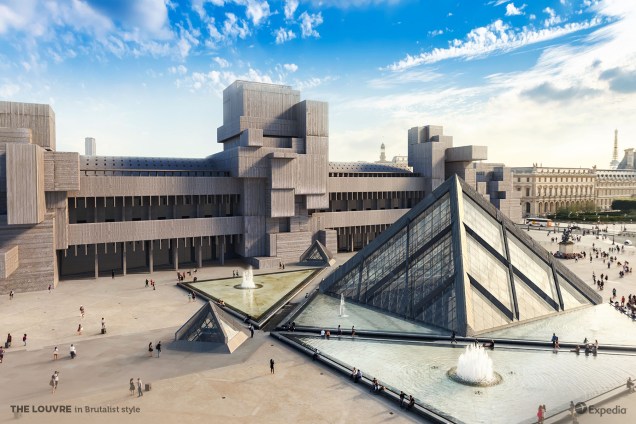 Museu do Louvre, em Paris, França, reimaginado em estilo brutalista.