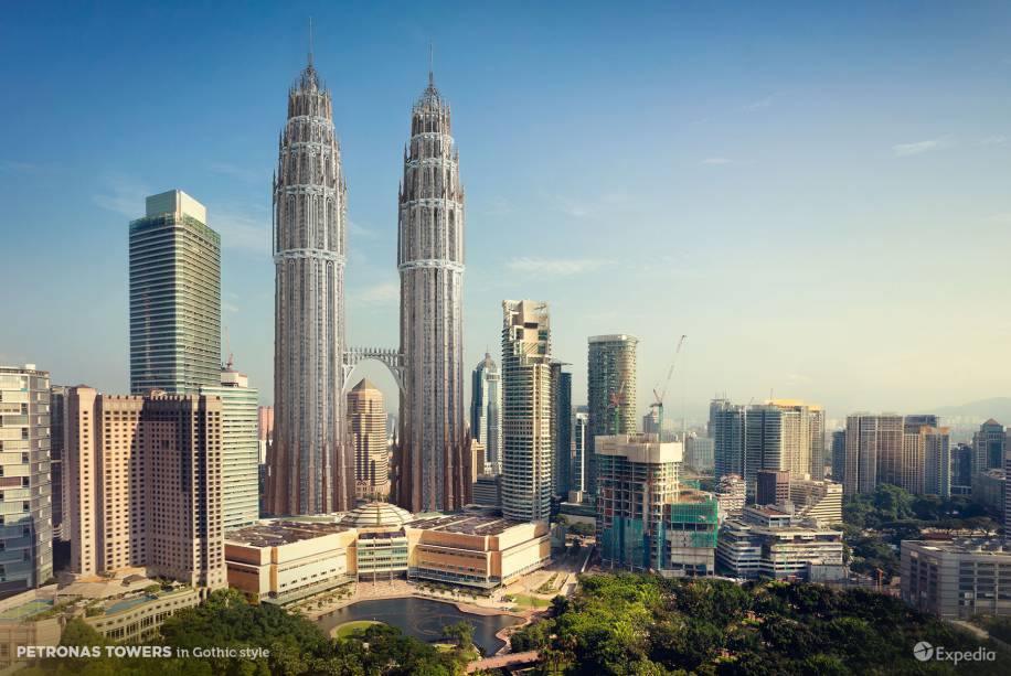 Torres Petronas, em Kuala Lumpur, na Malásia, imaginadas com estilo gótico. Torres Petronas, em Kuala Lumpur, na Malásia, imaginadas com estilo gótico.